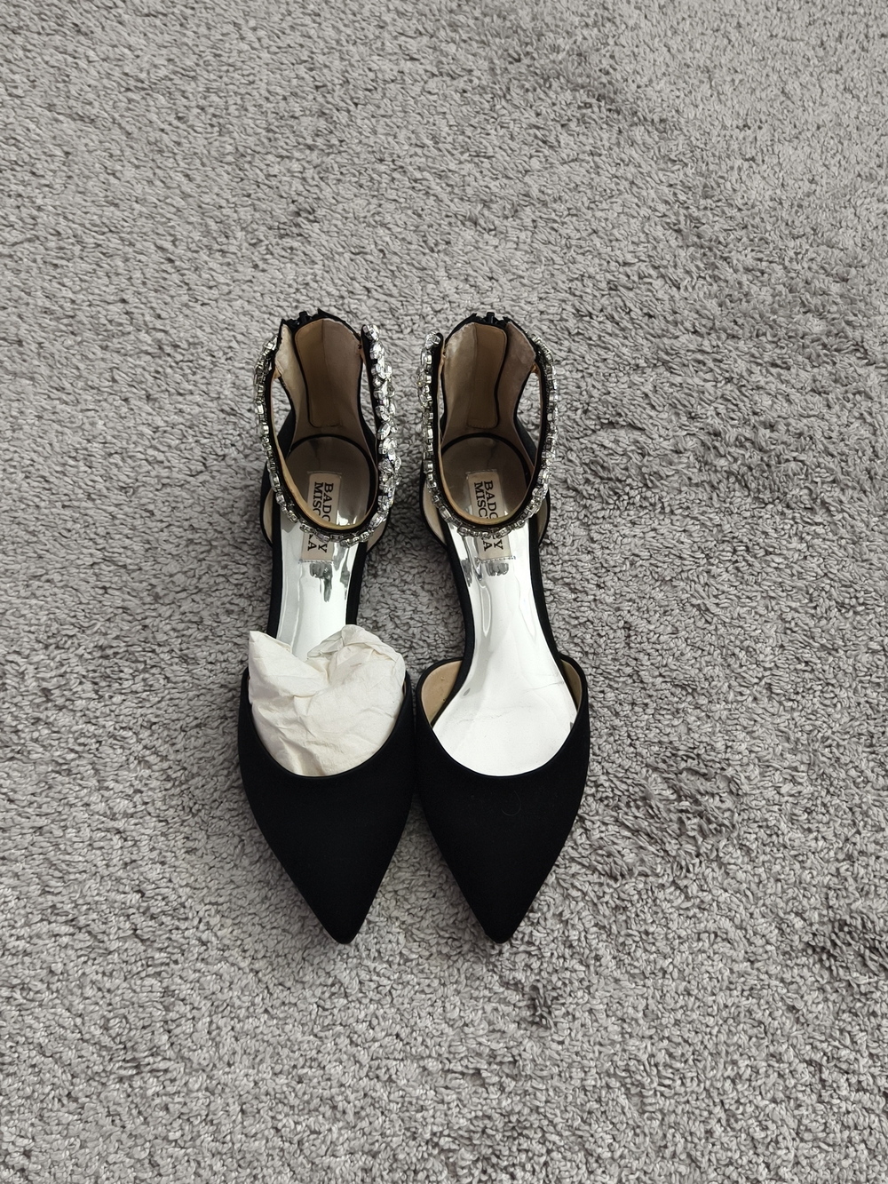Black Pointed Toe Ankle Strap Satin Flats - Picture 1 of 3